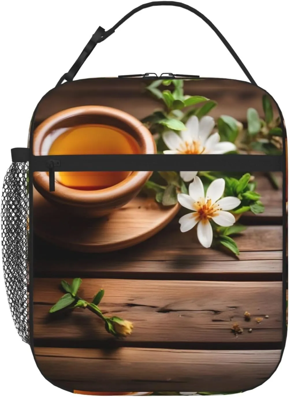 Teal Flower On Wooden Plank Insulated Lunch Bag For Men Women Lunchbox Designed For Office Work Travel