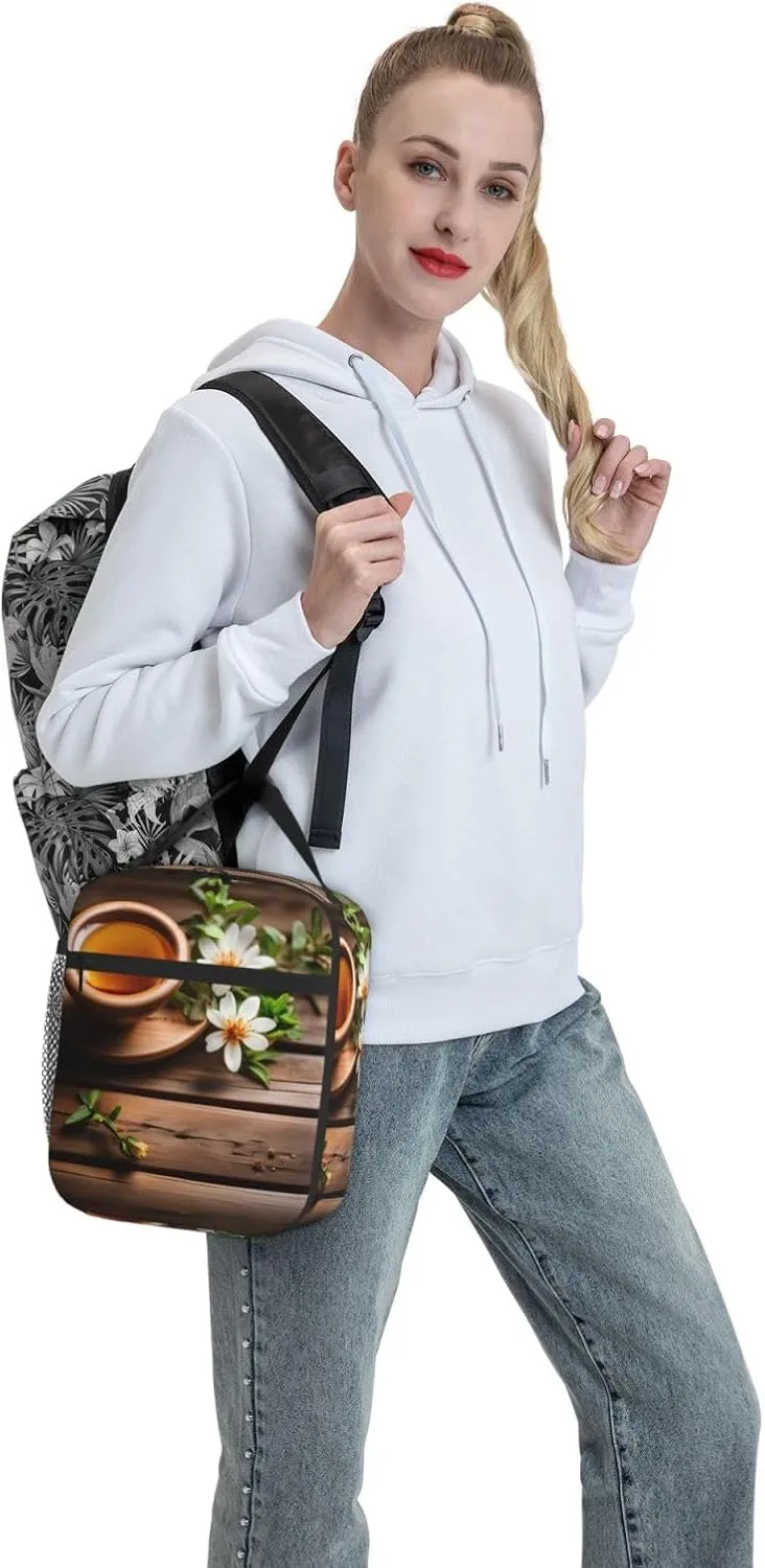 Teal Flower On Wooden Plank Insulated Lunch Bag For Men Women Lunchbox Designed For Office Work Travel