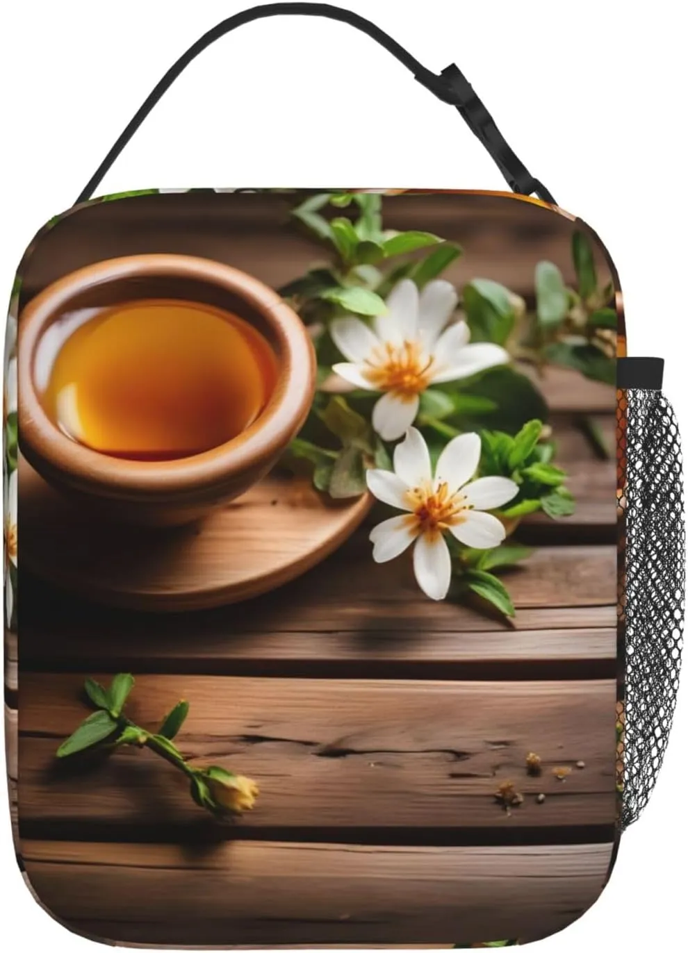 Teal Flower On Wooden Plank Insulated Lunch Bag For Men Women Lunchbox Designed For Office Work Travel