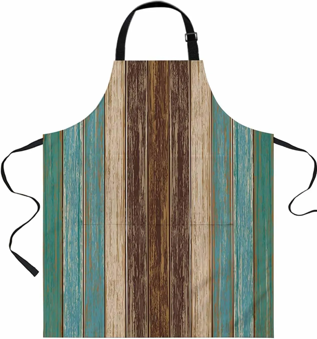 Teal Green Farmhouse Vintage Brown Wood Grain Waterproof Apron With Pockets, Kitchen Chefs Bib Cooking BBQ Grill Bake Adjustable Aprons for Women/Kids Home Garden Grooming Painting Gardening