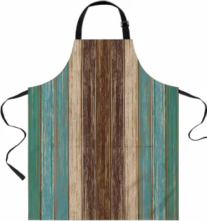 Teal Green Farmhouse Vintage Brown Wood Grain Waterproof Apron With Pockets, Kitchen Chefs Bib Cooking BBQ Grill Bake Adjustable Aprons for Women/Kids Home Garden Grooming Painting Gardening