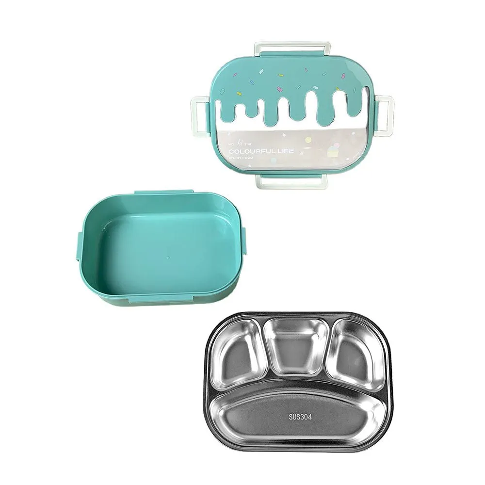 Teal Icecream Drip Big Size Stainless Steel Lunch Box, 1300ml