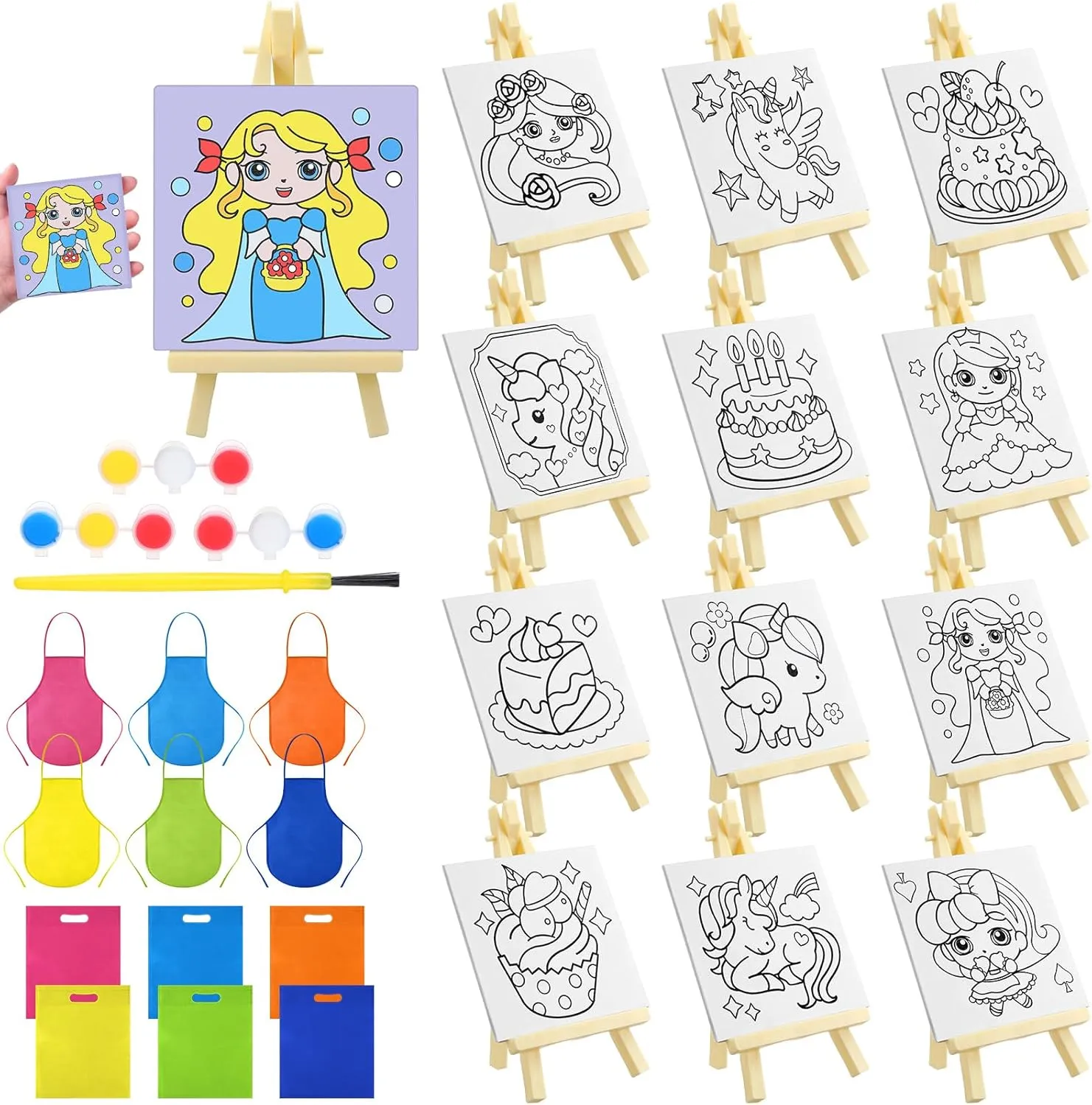 Tenceur 48 Pcs Kids Paint Party Favors Sets with 12 Pcs Pre Drawn Canvas Panel and Wooden Easel Set Paint Pots and Brushes, 12 Pcs Mini Apron and Tote Bag for Kids Student (Unicorn)