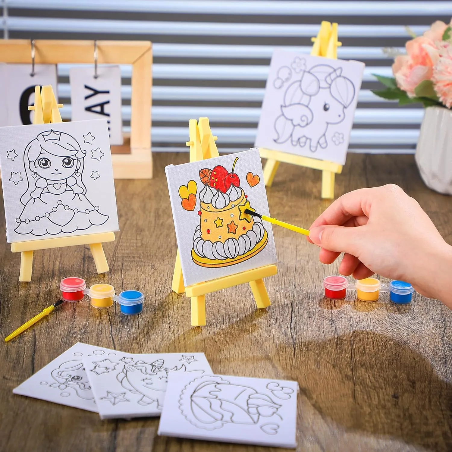 Tenceur 48 Pcs Kids Paint Party Favors Sets with 12 Pcs Pre Drawn Canvas Panel and Wooden Easel Set Paint Pots and Brushes, 12 Pcs Mini Apron and Tote Bag for Kids Student (Unicorn)