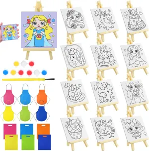 Tenceur 48 Pcs Kids Paint Party Favors Sets with 12 Pcs Pre Drawn Canvas Panel and Wooden Easel Set Paint Pots and Brushes, 12 Pcs Mini Apron and Tote Bag for Kids Student (Unicorn)