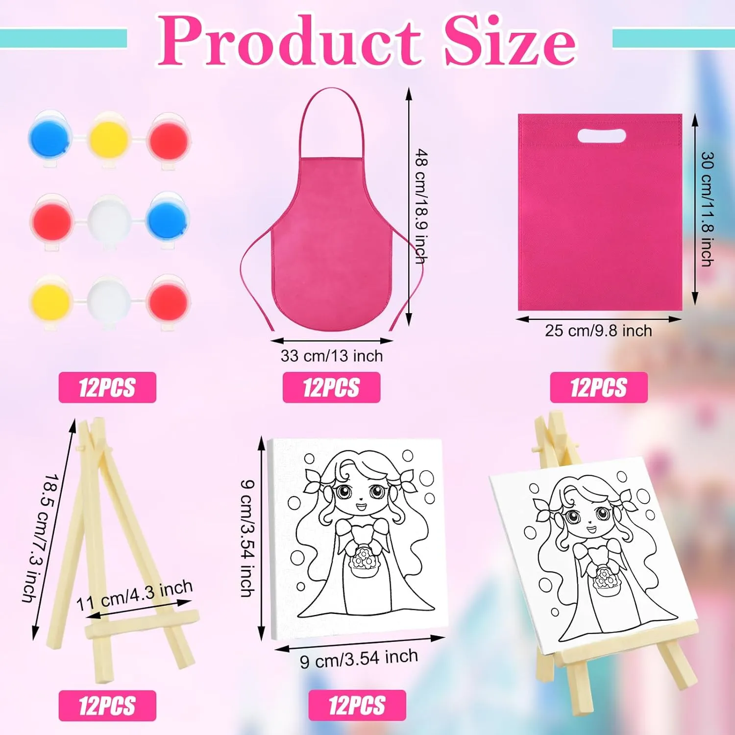 Tenceur 48 Pcs Kids Paint Party Favors Sets with 12 Pcs Pre Drawn Canvas Panel and Wooden Easel Set Paint Pots and Brushes, 12 Pcs Mini Apron and Tote Bag for Kids Student (Unicorn)