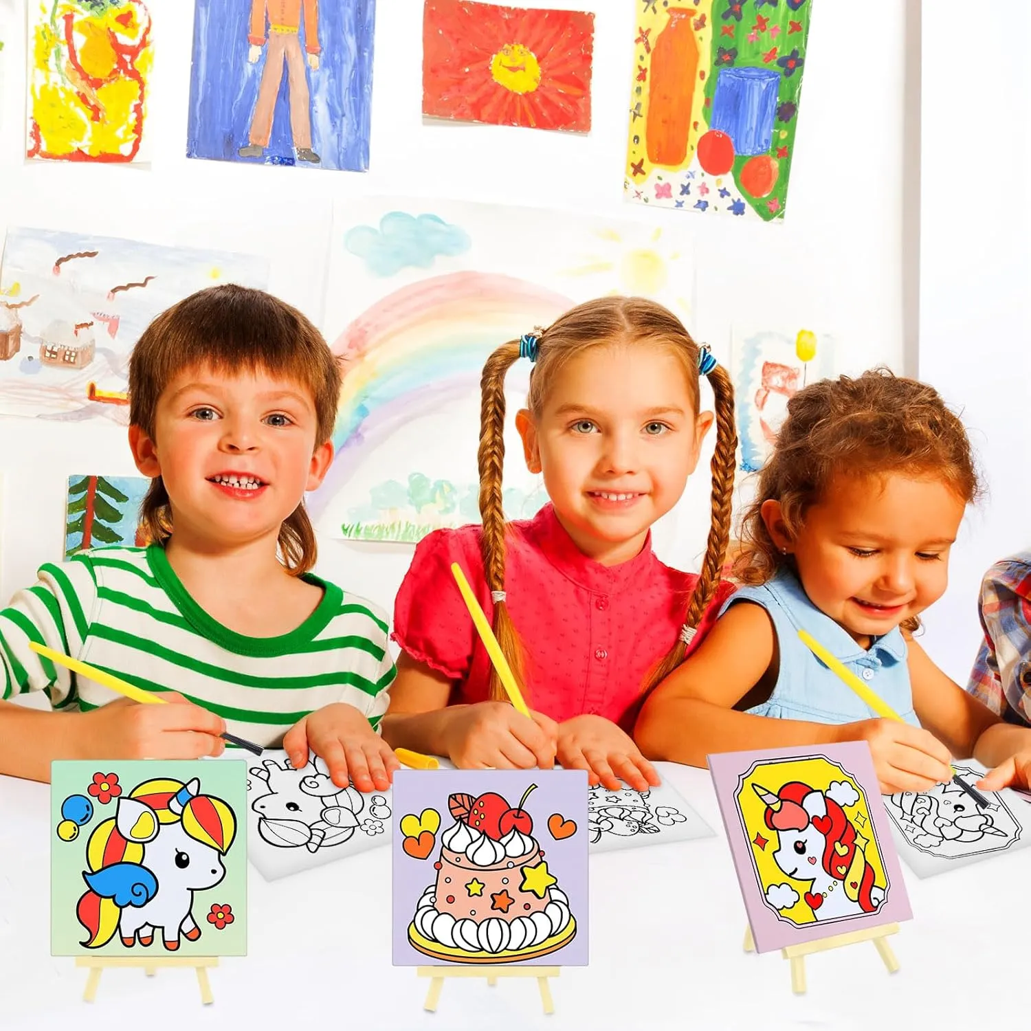 Tenceur 48 Pcs Kids Paint Party Favors Sets with 12 Pcs Pre Drawn Canvas Panel and Wooden Easel Set Paint Pots and Brushes, 12 Pcs Mini Apron and Tote Bag for Kids Student (Unicorn)