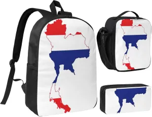 Thailand Flag Map print 3PCS Backpack for Men Women Aesthetic 17 Inches Bookbag with Lunch Box Pencil Bag