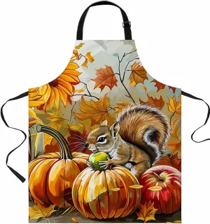 Thanksgiving Fall Waterproof Apron With Pockets,Orange Pumpkins Squirrel Sunflower Painted Kitchen Chefs Bib Cooking BBQ Grill Bake Adjustable Aprons for Women Home Garden Grooming Painting Gardening