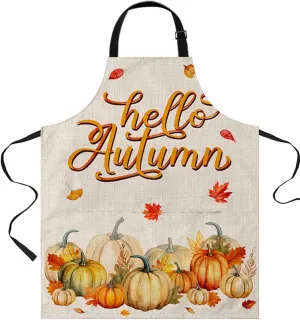 Thanksgiving Waterproof Apron With Pockets, Retro Orange Pumpkin Fall Maple Leaf Kitchen Chefs Bib Cooking BBQ Grill Bake Adjustable Aprons for Women/Kids Home Garden Grooming Painting Gardening