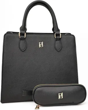 The Meghan - Black Lunch Satchel with Portable Utensils - Insulated Vegan Leather Lunch Bag for Work Office Picnic - Chic Designer Lunch Purse with Leakproof Zipper Closure and Adjustable Strap