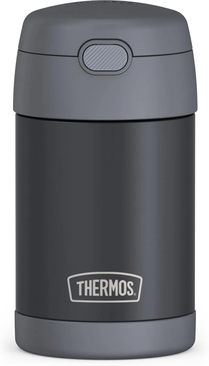 THERMOS FUNTAINER Insulated Food Jar, 16 Ounce, Kid Friendly Thermos Food Jar with Foldable Spoon, Matte Charcoal