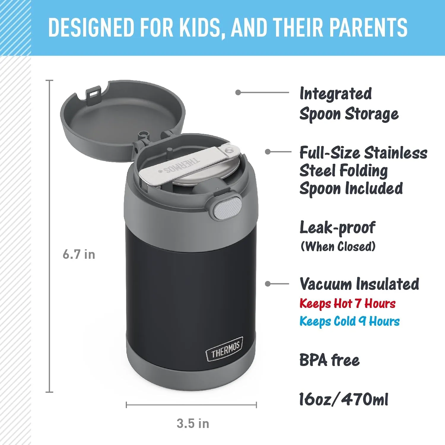 THERMOS FUNTAINER Insulated Food Jar, 16 Ounce, Kid Friendly Thermos Food Jar with Foldable Spoon, Matte Charcoal