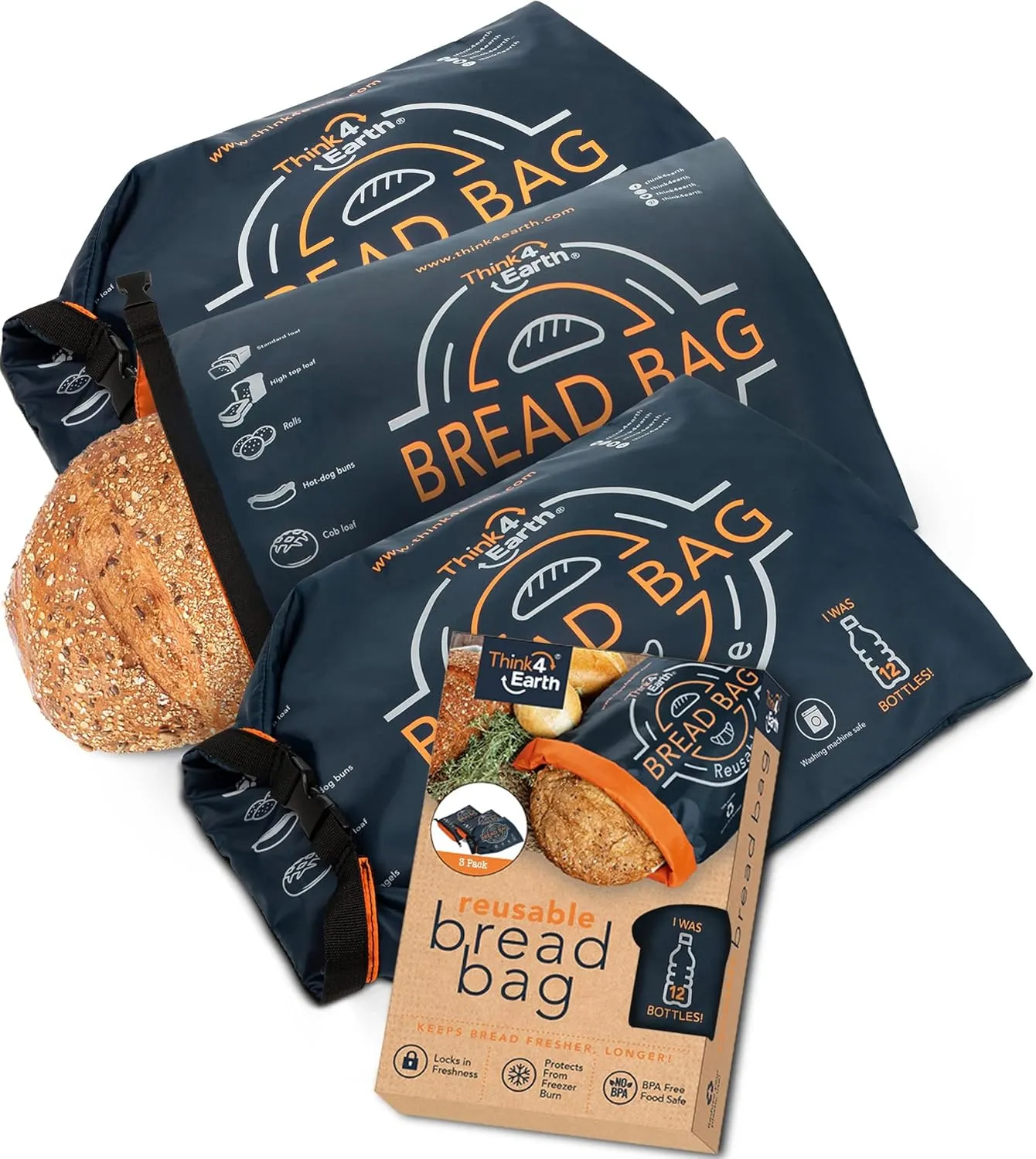 Think4Earth - (3 Pack) Bread Bag - Reusable freezer bread bag for homemade bread maker gift giving - Bread Container for Sourdough Loafs Storage, Large Bread Bags for Homemade Bread with Lining