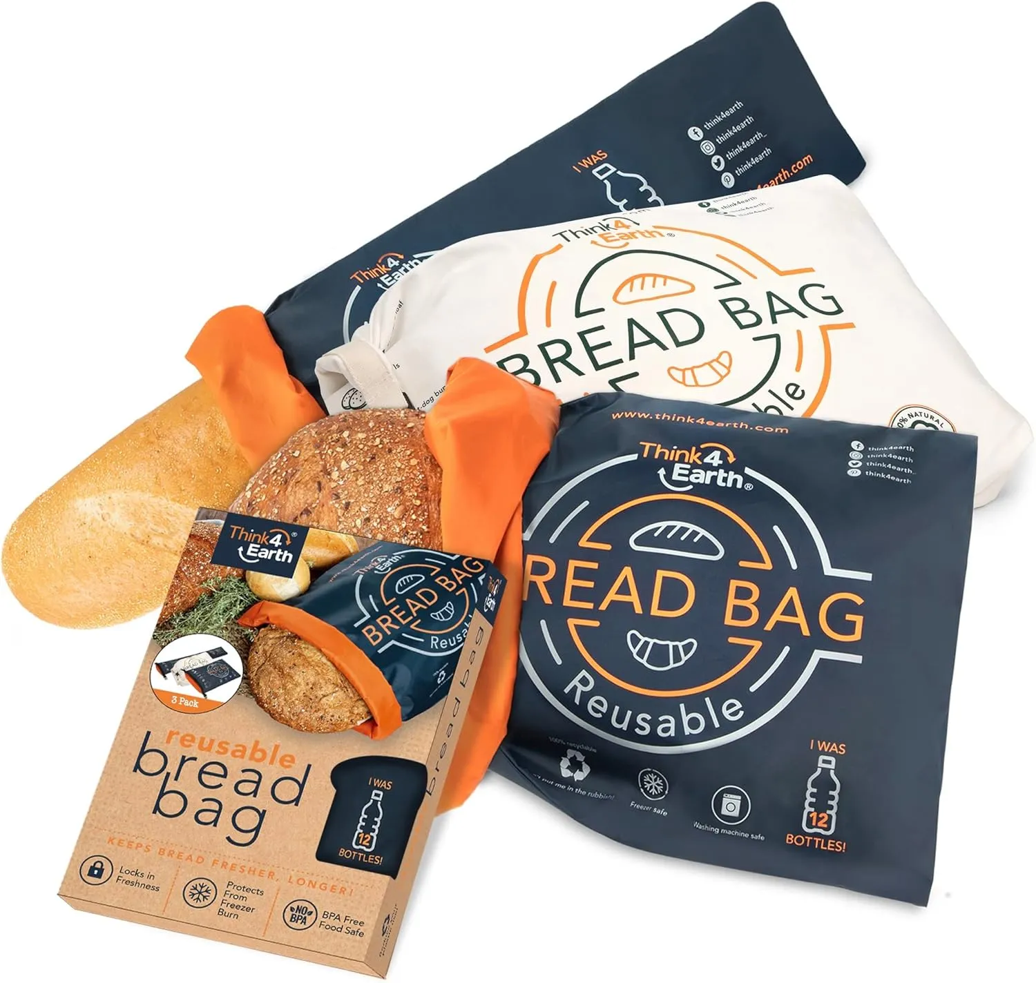Think4Earth 3 Pack Reusable Bread Bag - Freezer Bread Containers for Homemade Loaves, Sourdough Storage