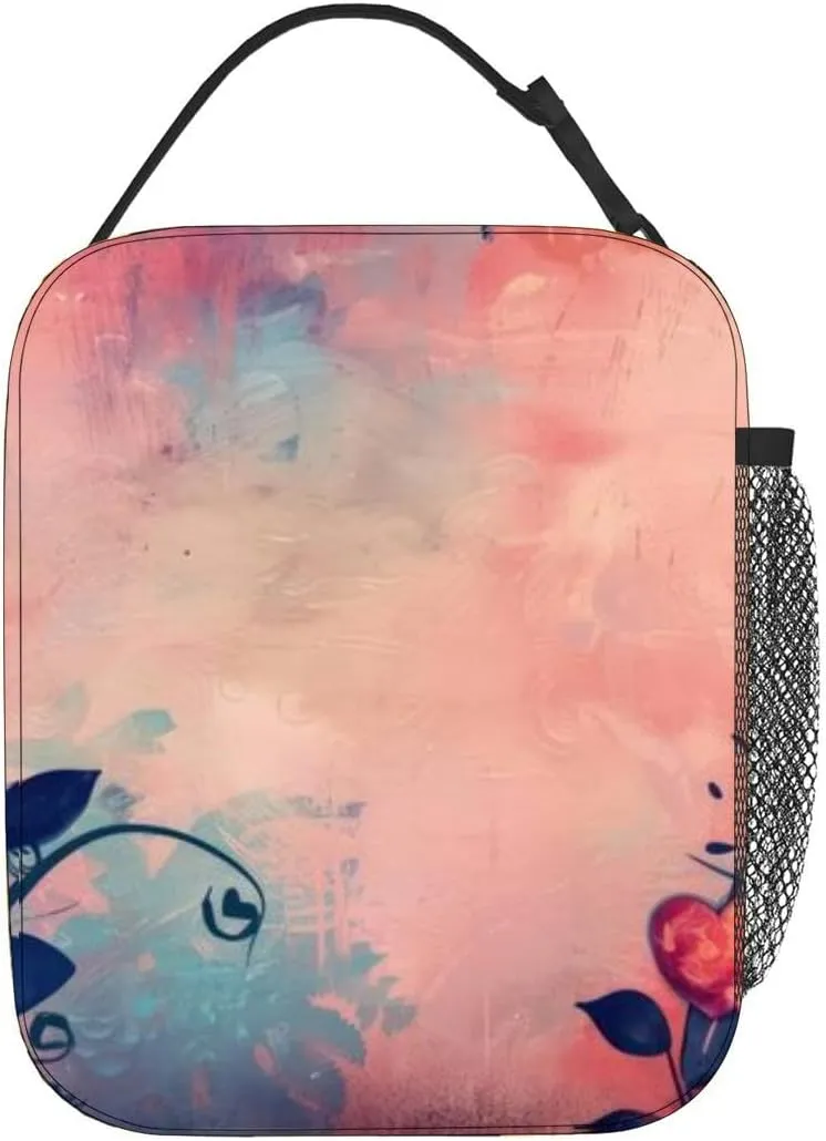 This is an artistic representation heart shaped flowers against a text Insulated Iunch Bag for Men Woman Large Portable Waterproof Reusable Thermal Lunch Box with Pockets for Work Travel Picnic