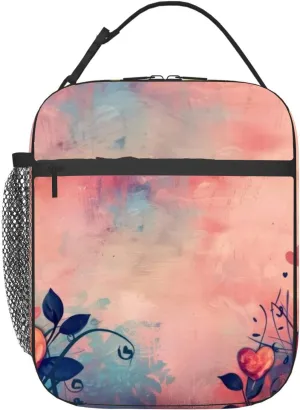 This is an artistic representation heart shaped flowers against a text Insulated Iunch Bag for Men Woman Large Portable Waterproof Reusable Thermal Lunch Box with Pockets for Work Travel Picnic