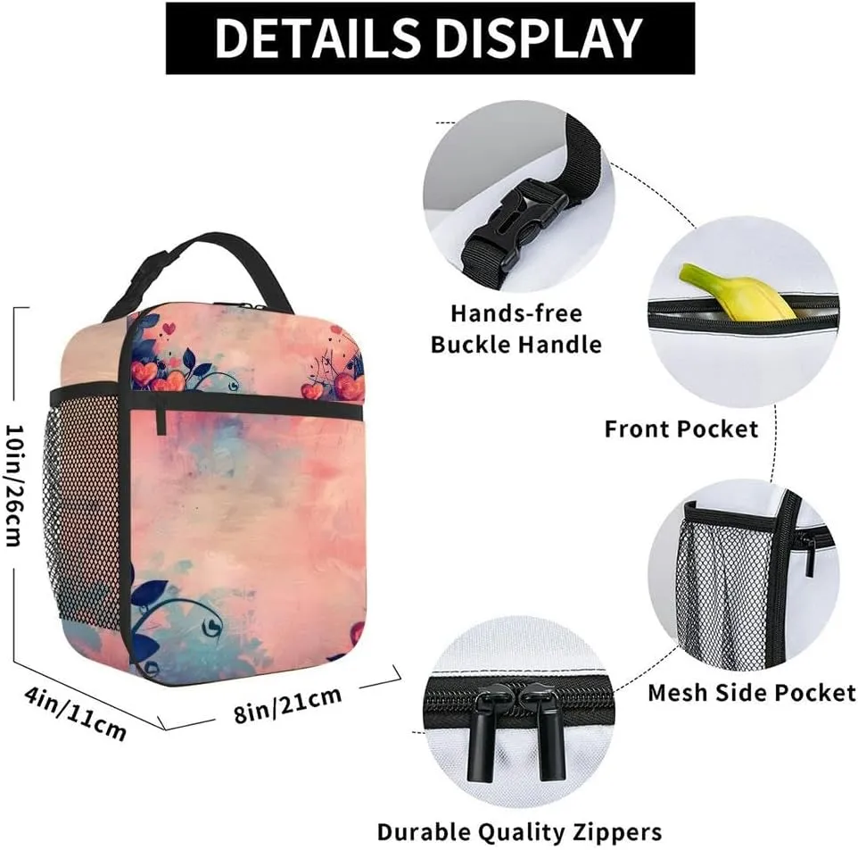 This is an artistic representation heart shaped flowers against a text Insulated Iunch Bag for Men Woman Large Portable Waterproof Reusable Thermal Lunch Box with Pockets for Work Travel Picnic