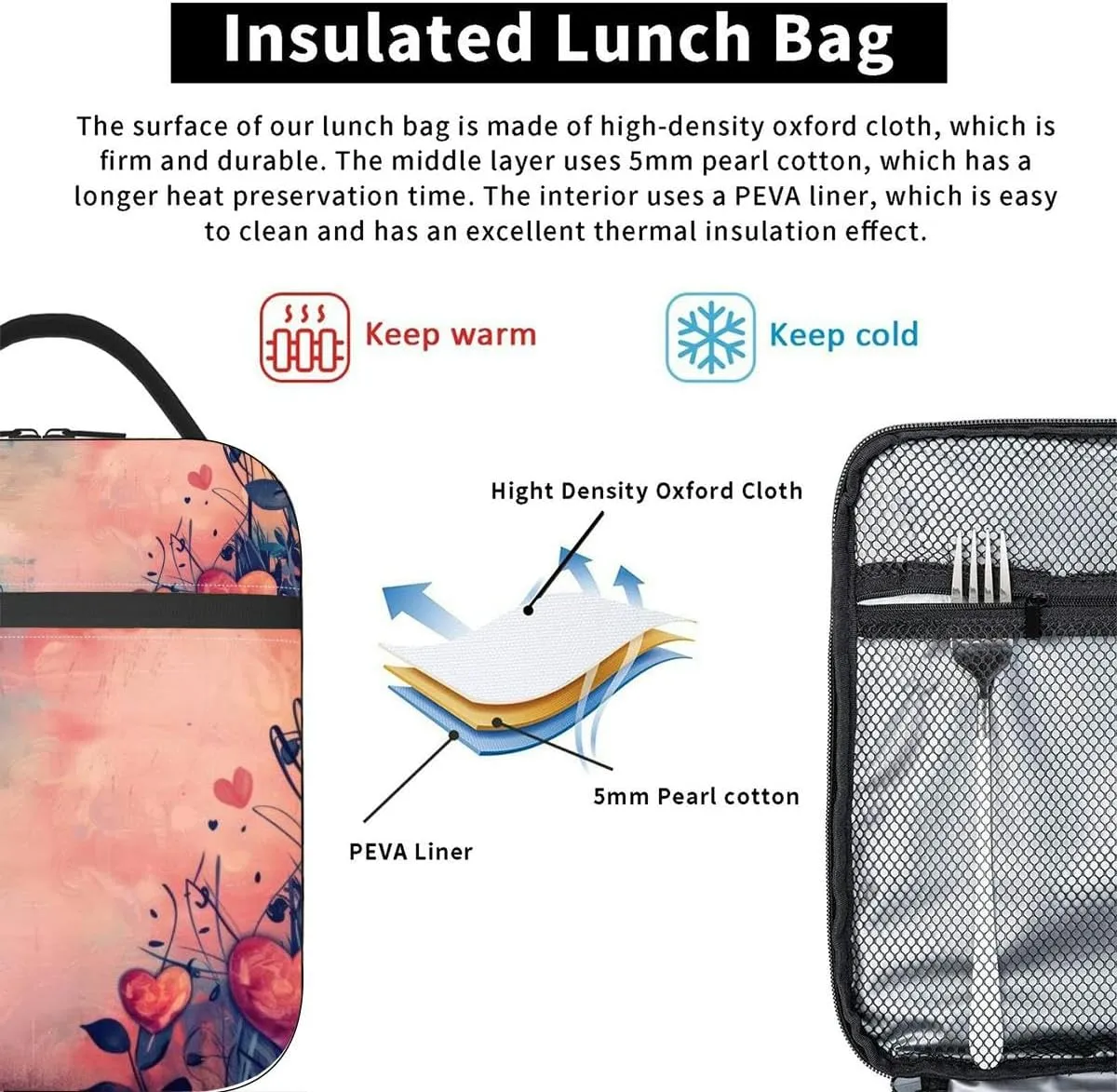 This is an artistic representation heart shaped flowers against a text Insulated Iunch Bag for Men Woman Large Portable Waterproof Reusable Thermal Lunch Box with Pockets for Work Travel Picnic