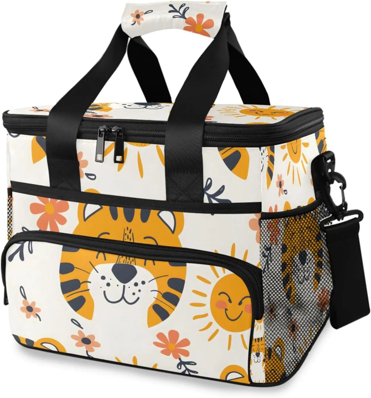 Tiger Head Daisy Flower White Cooler Bag Insulated Cooler Soft Sided Cooler 24 Can Portable Picnic Bag Large Leakproof Lunch Bag Box for Beach Grocery Camping Travel Car Men Women