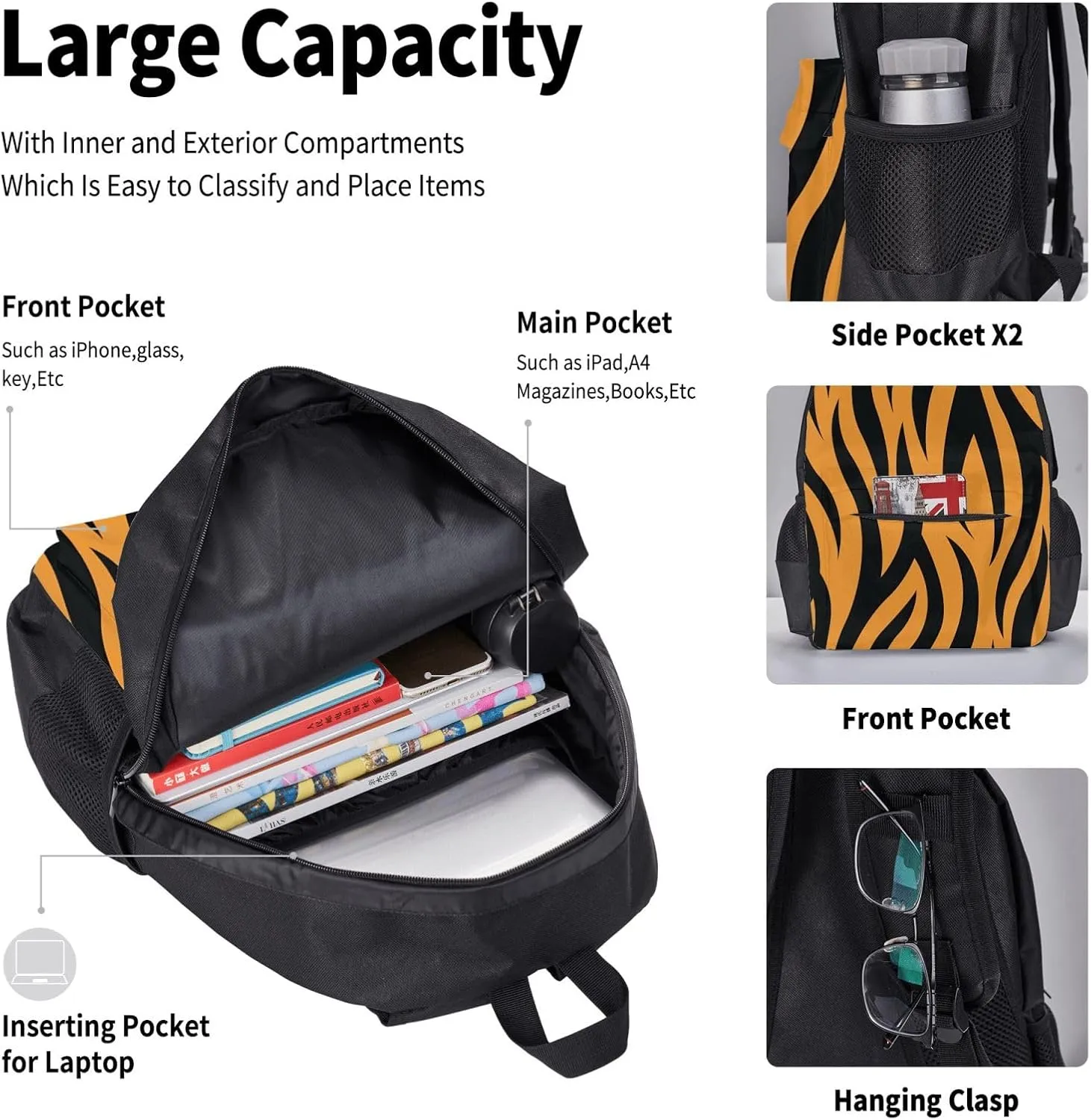 Tiger Stripes Multifunctional Pocket Backpack Crossbody Lunch Bag Pencil Case 3Pcs Set Large Capacity Backpack