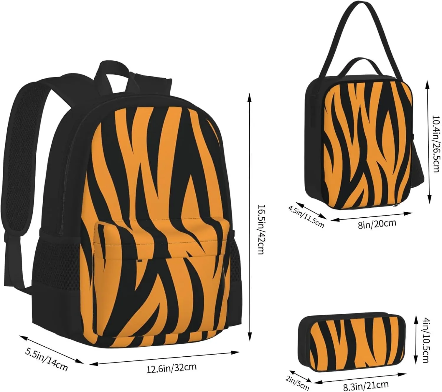 Tiger Stripes Multifunctional Pocket Backpack Crossbody Lunch Bag Pencil Case 3Pcs Set Large Capacity Backpack