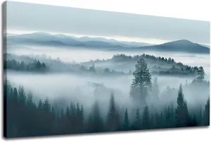 tigeridge Foggy Forest Canvas Wall Art Indigo Misty Forest Pictures Blue Grey Abstract Mountain Trees Painting Artwork Nature Scene Canvas Art for Living Room Bedroom Home Office Wall Decor 20" x 40"