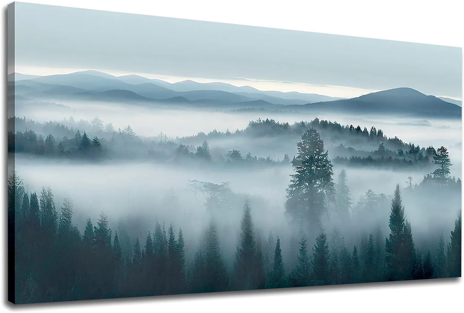 tigeridge Foggy Forest Canvas Wall Art Indigo Misty Forest Pictures Blue Grey Abstract Mountain Trees Painting Artwork Nature Scene Canvas Art for Living Room Bedroom Home Office Wall Decor 20" x 40"