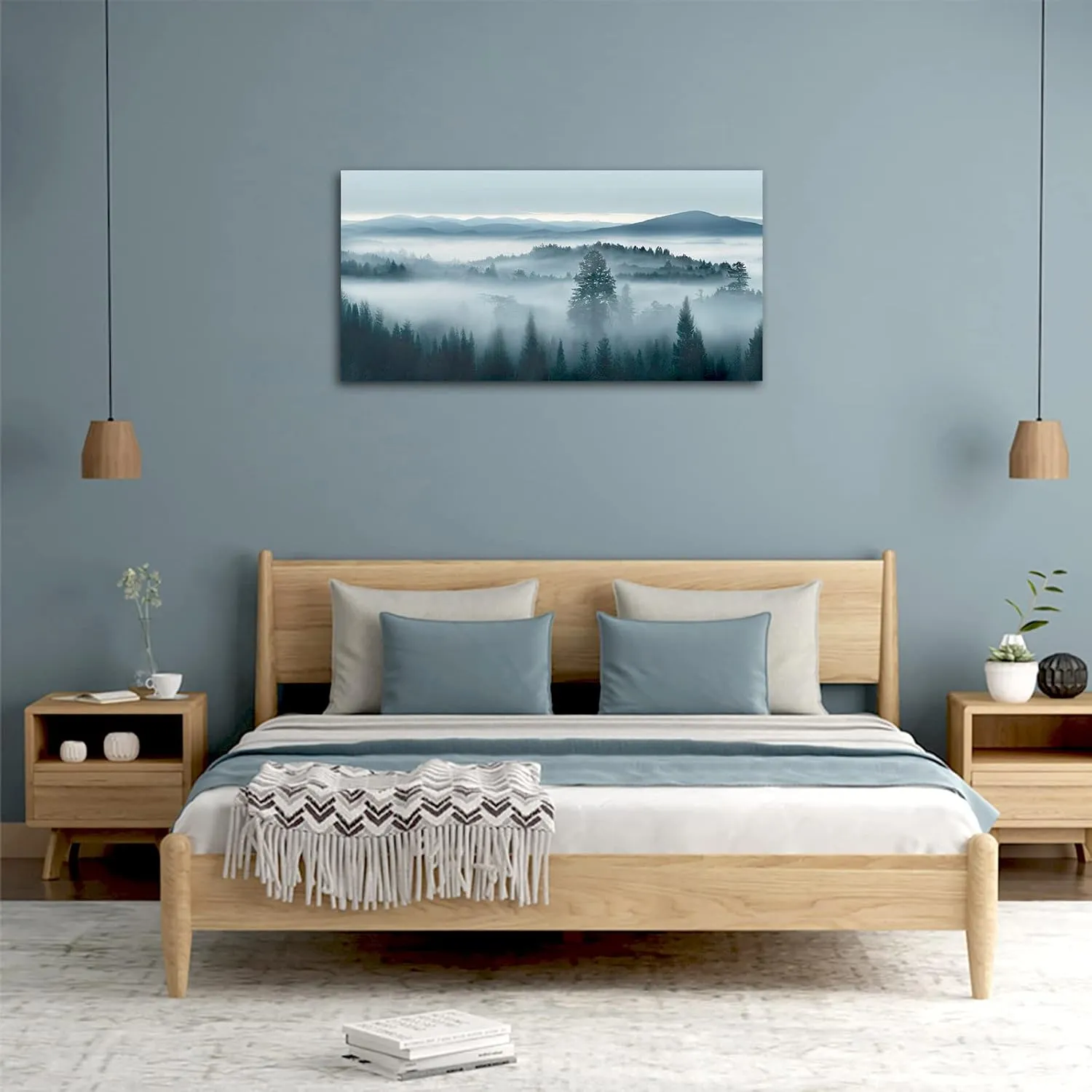 tigeridge Foggy Forest Canvas Wall Art Indigo Misty Forest Pictures Blue Grey Abstract Mountain Trees Painting Artwork Nature Scene Canvas Art for Living Room Bedroom Home Office Wall Decor 20" x 40"