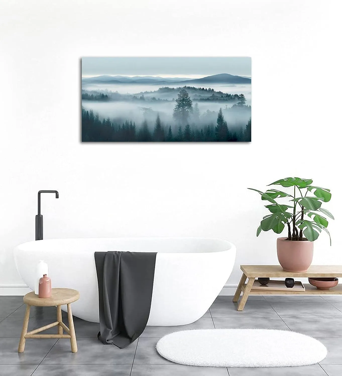 tigeridge Foggy Forest Canvas Wall Art Indigo Misty Forest Pictures Blue Grey Abstract Mountain Trees Painting Artwork Nature Scene Canvas Art for Living Room Bedroom Home Office Wall Decor 20" x 40"