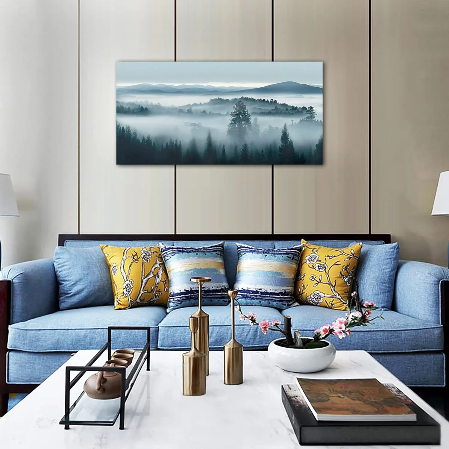 tigeridge Foggy Forest Canvas Wall Art Indigo Misty Forest Pictures Blue Grey Abstract Mountain Trees Painting Artwork Nature Scene Canvas Art for Living Room Bedroom Home Office Wall Decor 20" x 40"