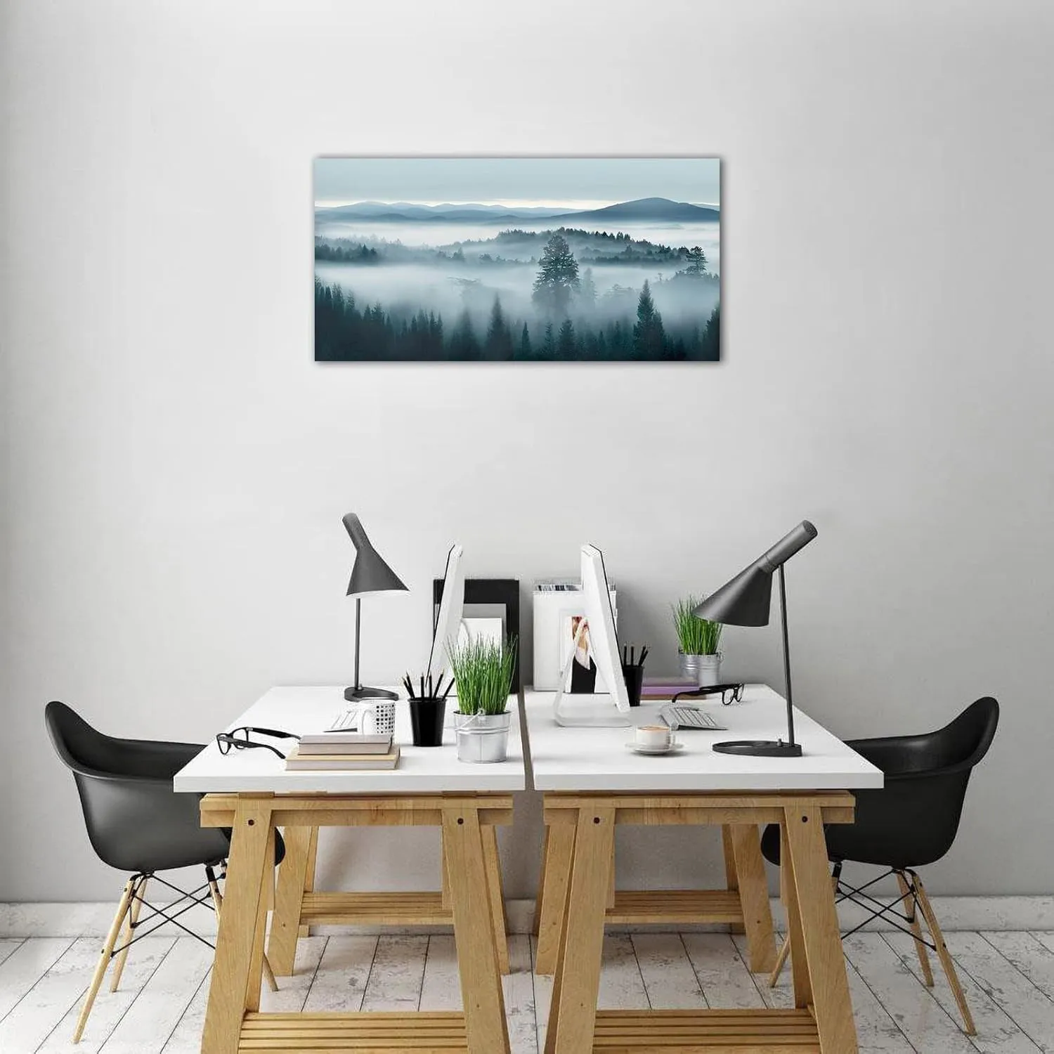 tigeridge Foggy Forest Canvas Wall Art Indigo Misty Forest Pictures Blue Grey Abstract Mountain Trees Painting Artwork Nature Scene Canvas Art for Living Room Bedroom Home Office Wall Decor 20" x 40"