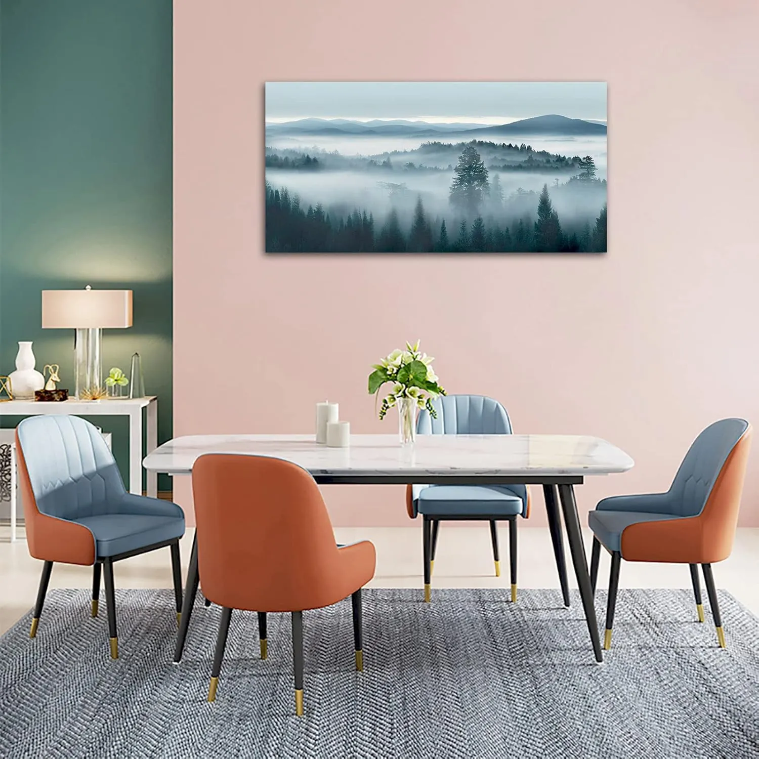 tigeridge Foggy Forest Canvas Wall Art Indigo Misty Forest Pictures Blue Grey Abstract Mountain Trees Painting Artwork Nature Scene Canvas Art for Living Room Bedroom Home Office Wall Decor 20" x 40"