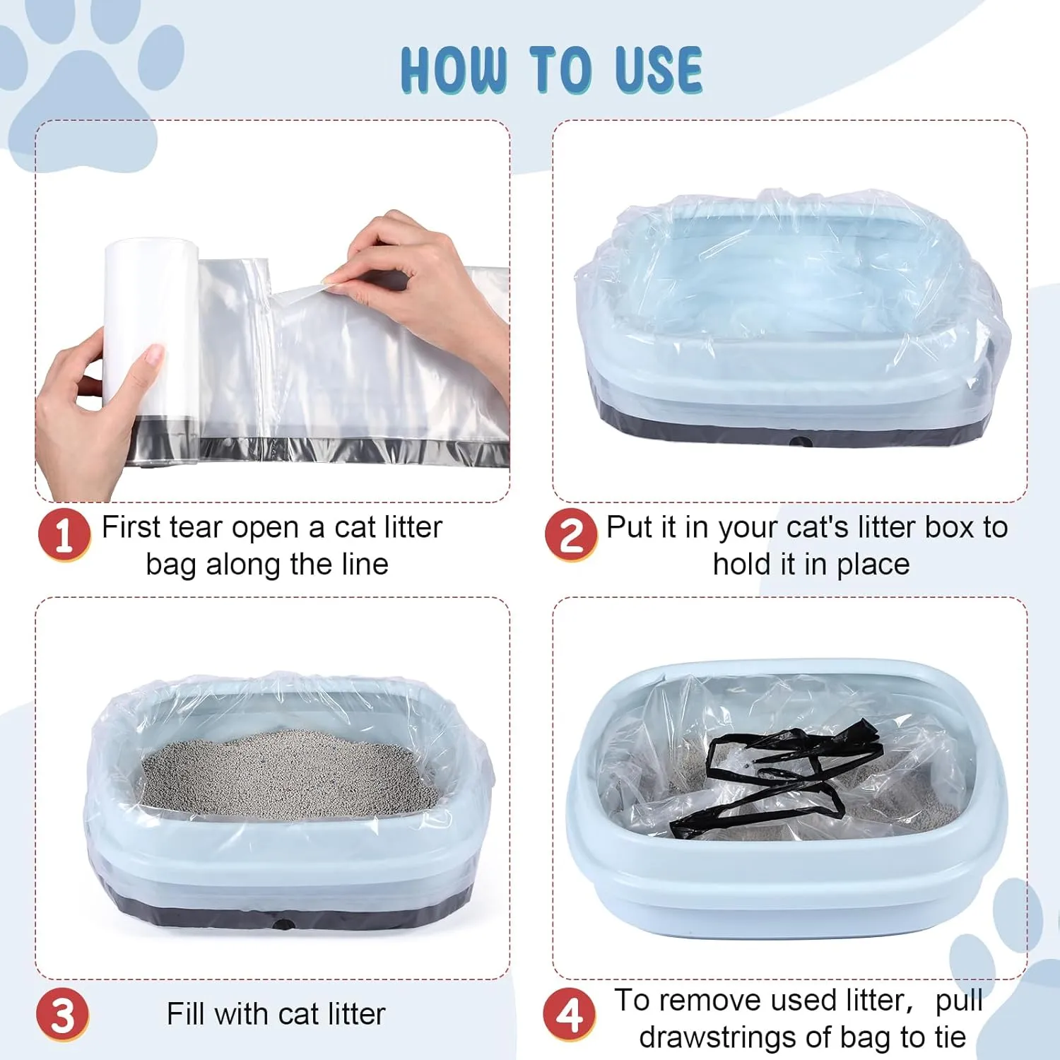 Tinlade 50 Count Jumbo Cat Litter Box Liners Large Drawstring Cat Litter Liners Bags Unscented Tear Resistant for Trash Waste to Keep Your Home Clean(39 x 22 Inch,Clear, Black)