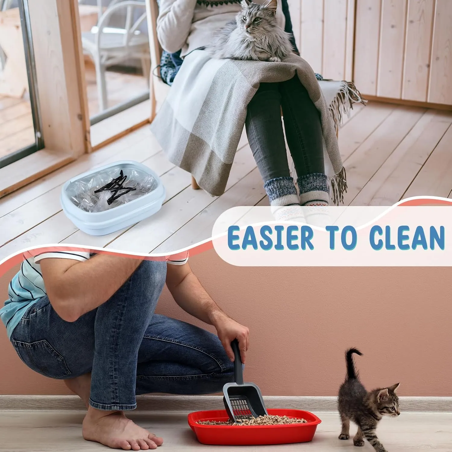 Tinlade 50 Count Jumbo Cat Litter Box Liners Large Drawstring Cat Litter Liners Bags Unscented Tear Resistant for Trash Waste to Keep Your Home Clean(39 x 22 Inch,Clear, Black)