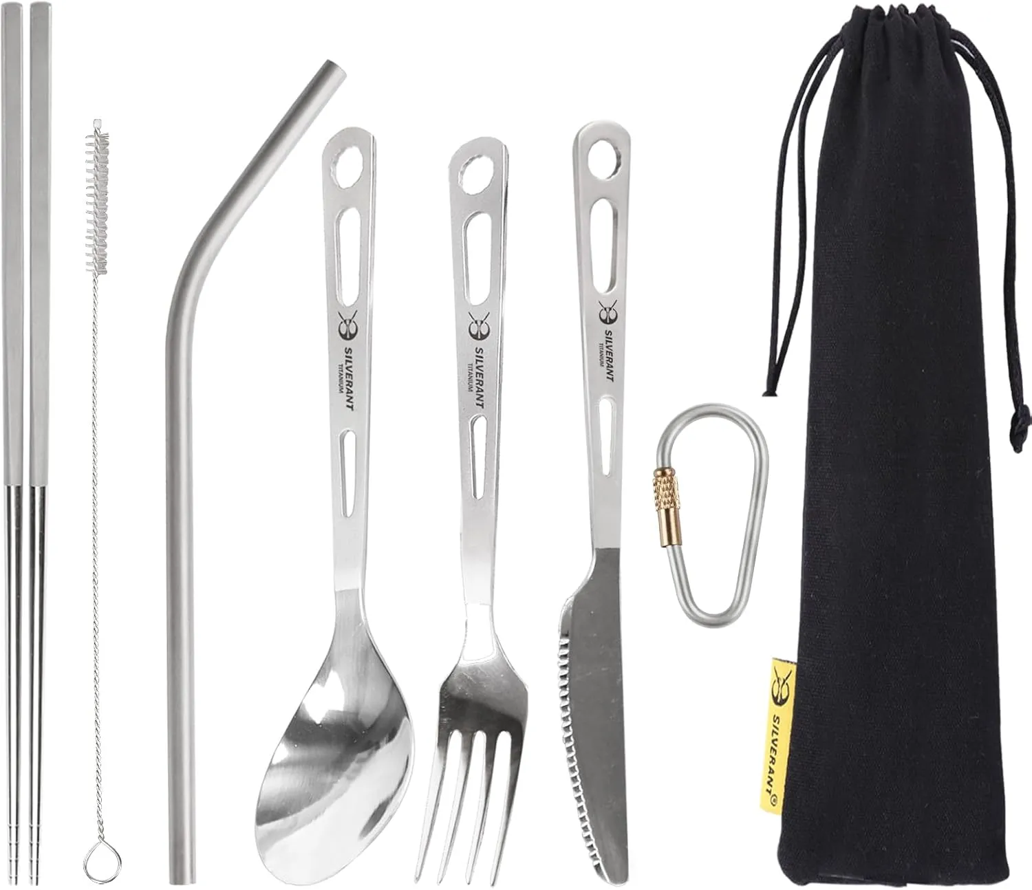 Titanium Camping Flatware, Titanium Spork Spoon Chopsticks Knife Straw Cutlery Set PortableTableware for Lunch Box Outdoor & Hiking, Comes with Drawstring Bag & Carabiner- Polished