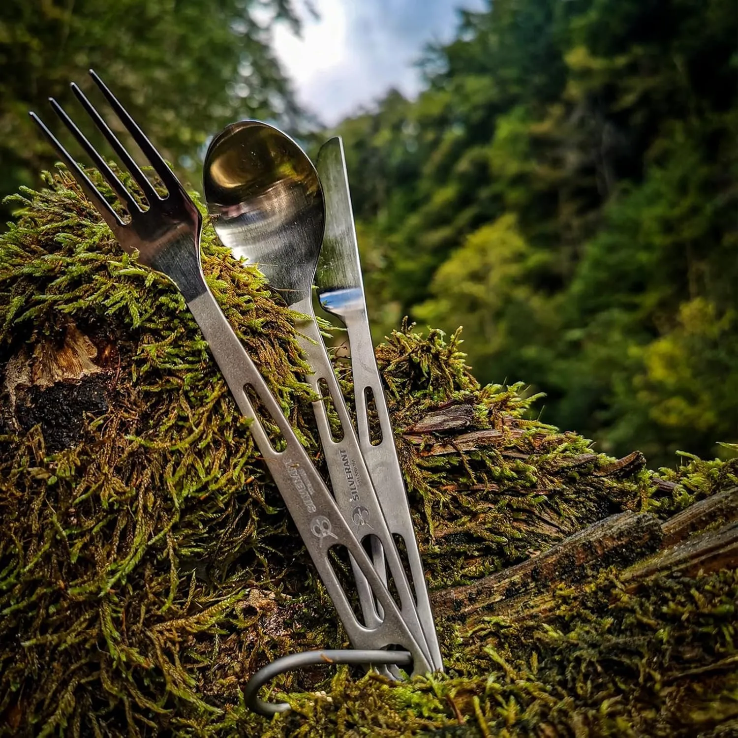 Titanium Camping Flatware, Titanium Spork Spoon Chopsticks Knife Straw Cutlery Set PortableTableware for Lunch Box Outdoor & Hiking, Comes with Drawstring Bag & Carabiner- Polished