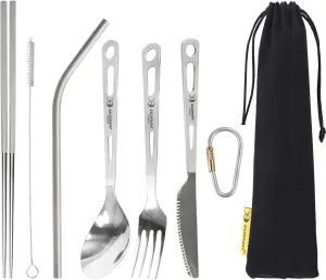 Titanium Camping Flatware, Titanium Spork Spoon Chopsticks Knife Straw Cutlery Set PortableTableware for Lunch Box Outdoor & Hiking, Comes with Drawstring Bag & Carabiner- Polished
