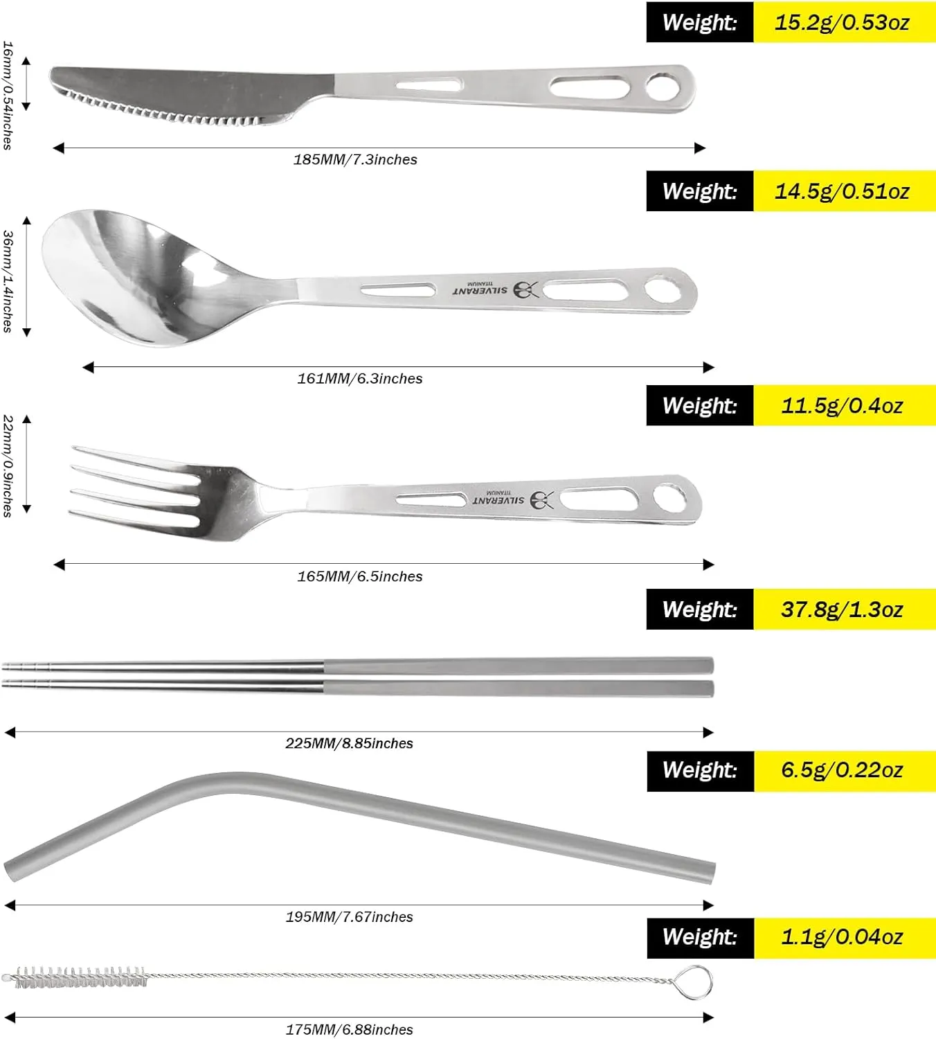 Titanium Camping Flatware, Titanium Spork Spoon Chopsticks Knife Straw Cutlery Set PortableTableware for Lunch Box Outdoor & Hiking, Comes with Drawstring Bag & Carabiner- Polished