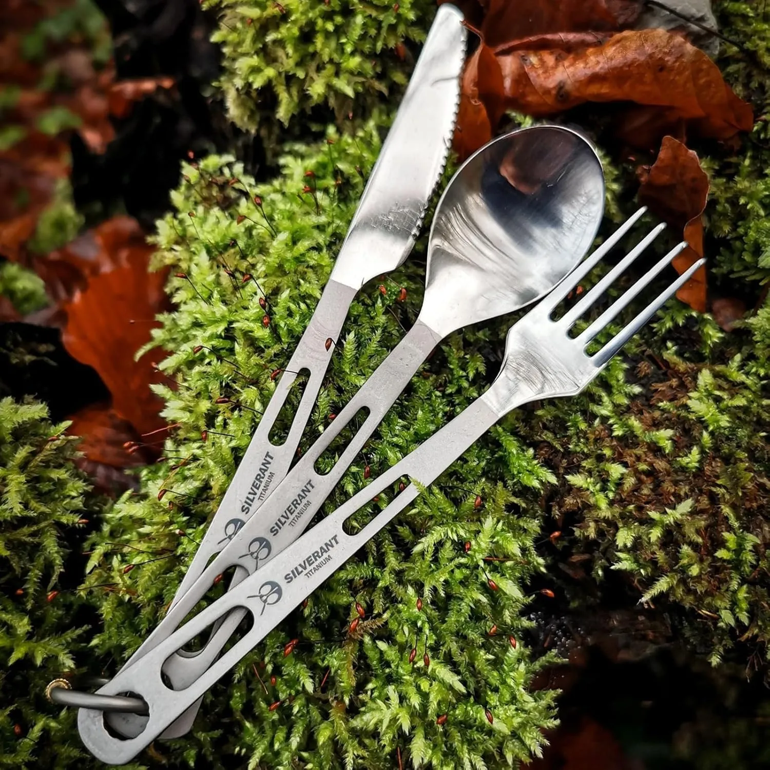 Titanium Camping Flatware, Titanium Spork Spoon Chopsticks Knife Straw Cutlery Set PortableTableware for Lunch Box Outdoor & Hiking, Comes with Drawstring Bag & Carabiner- Polished