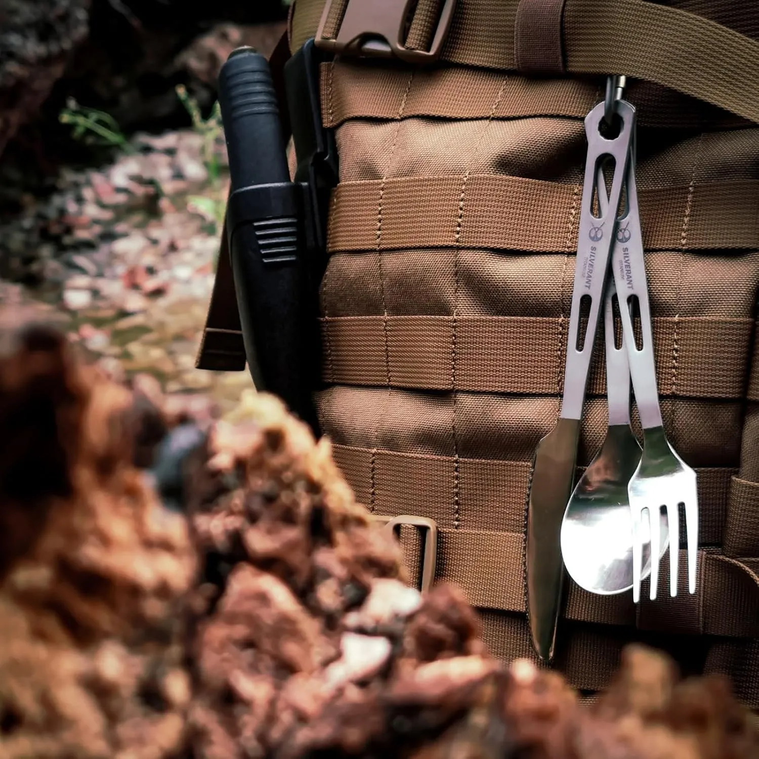 Titanium Camping Flatware, Titanium Spork Spoon Chopsticks Knife Straw Cutlery Set PortableTableware for Lunch Box Outdoor & Hiking, Comes with Drawstring Bag & Carabiner- Polished