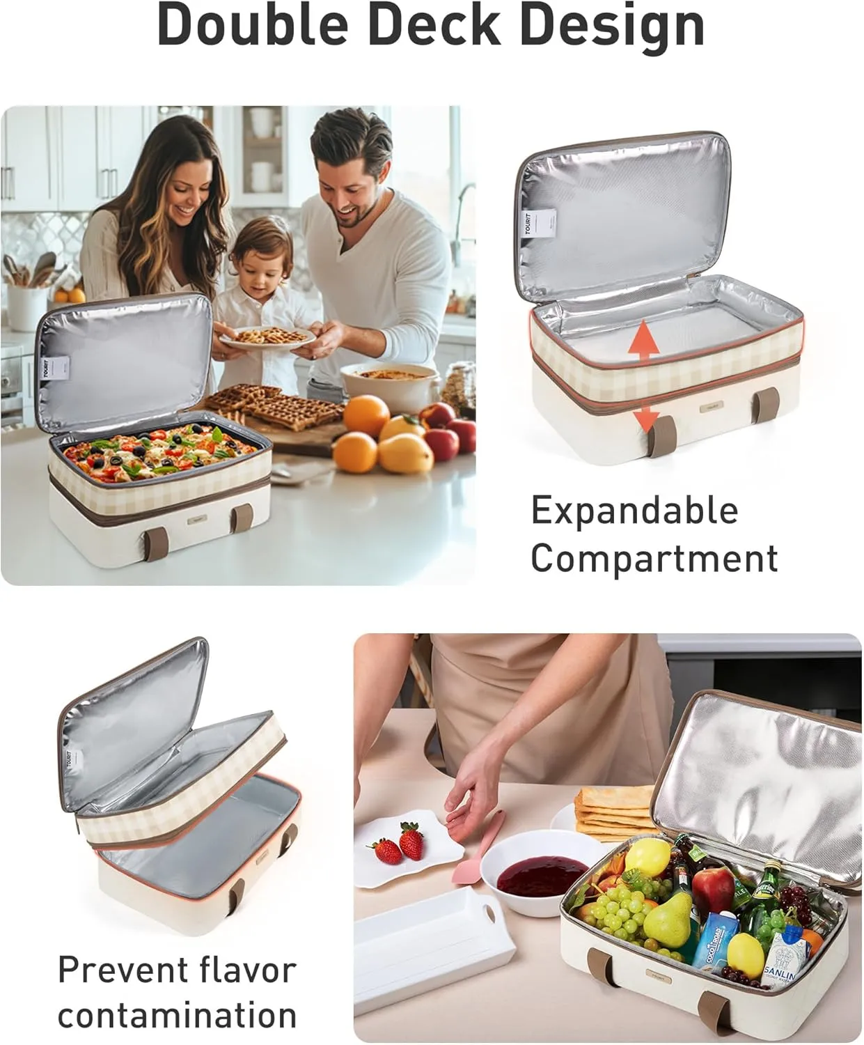 TOURIT Casserole Carrier Chic Double Decker Insulated Casserole Carriers for Hot or Cold Food Lasagna Lugger Tote for Picnic Cookouts Potluck Fits 9''x 13'' Baking Dish