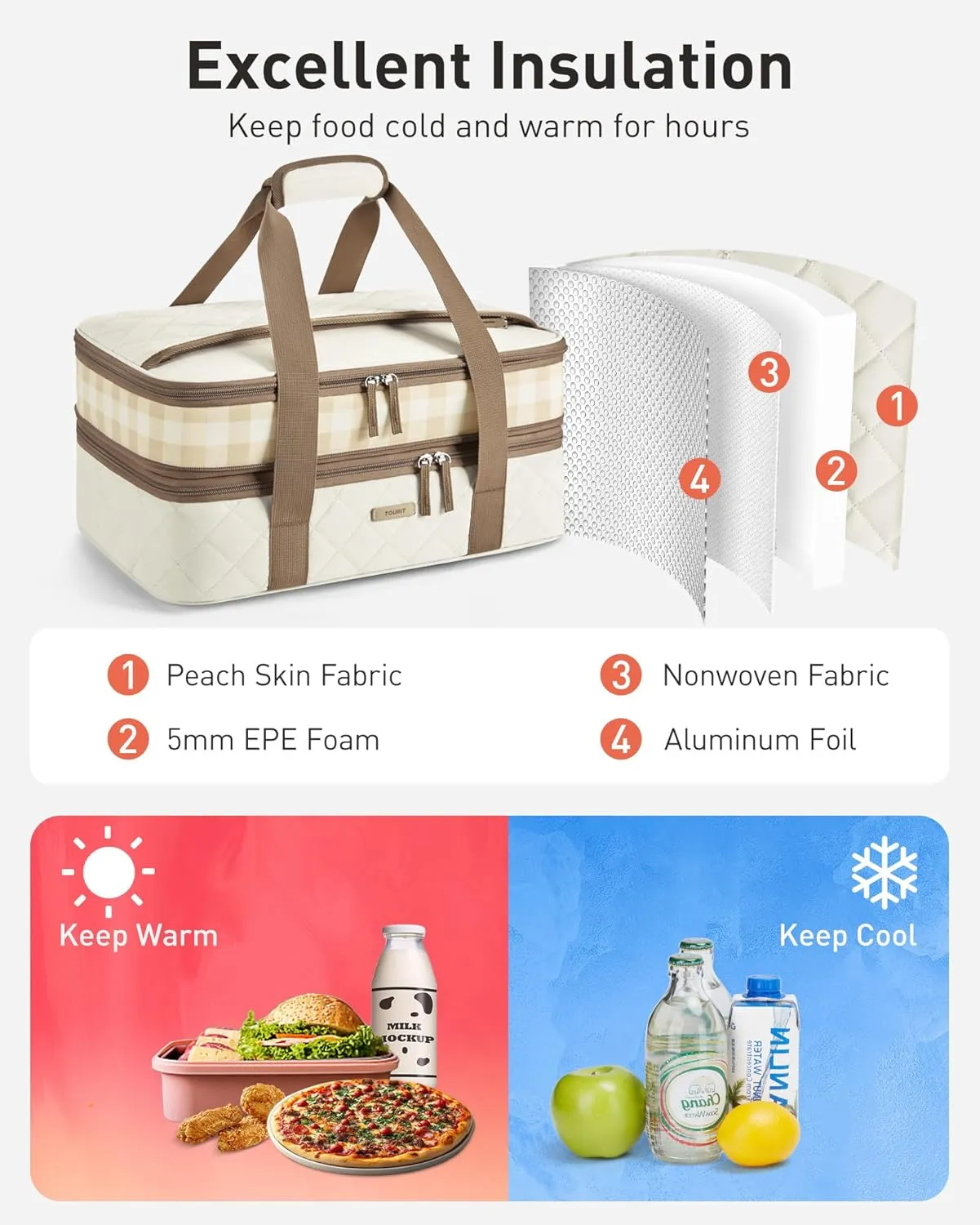 TOURIT Casserole Carrier Chic Double Decker Insulated Casserole Carriers for Hot or Cold Food Lasagna Lugger Tote for Picnic Cookouts Potluck Fits 9''x 13'' Baking Dish