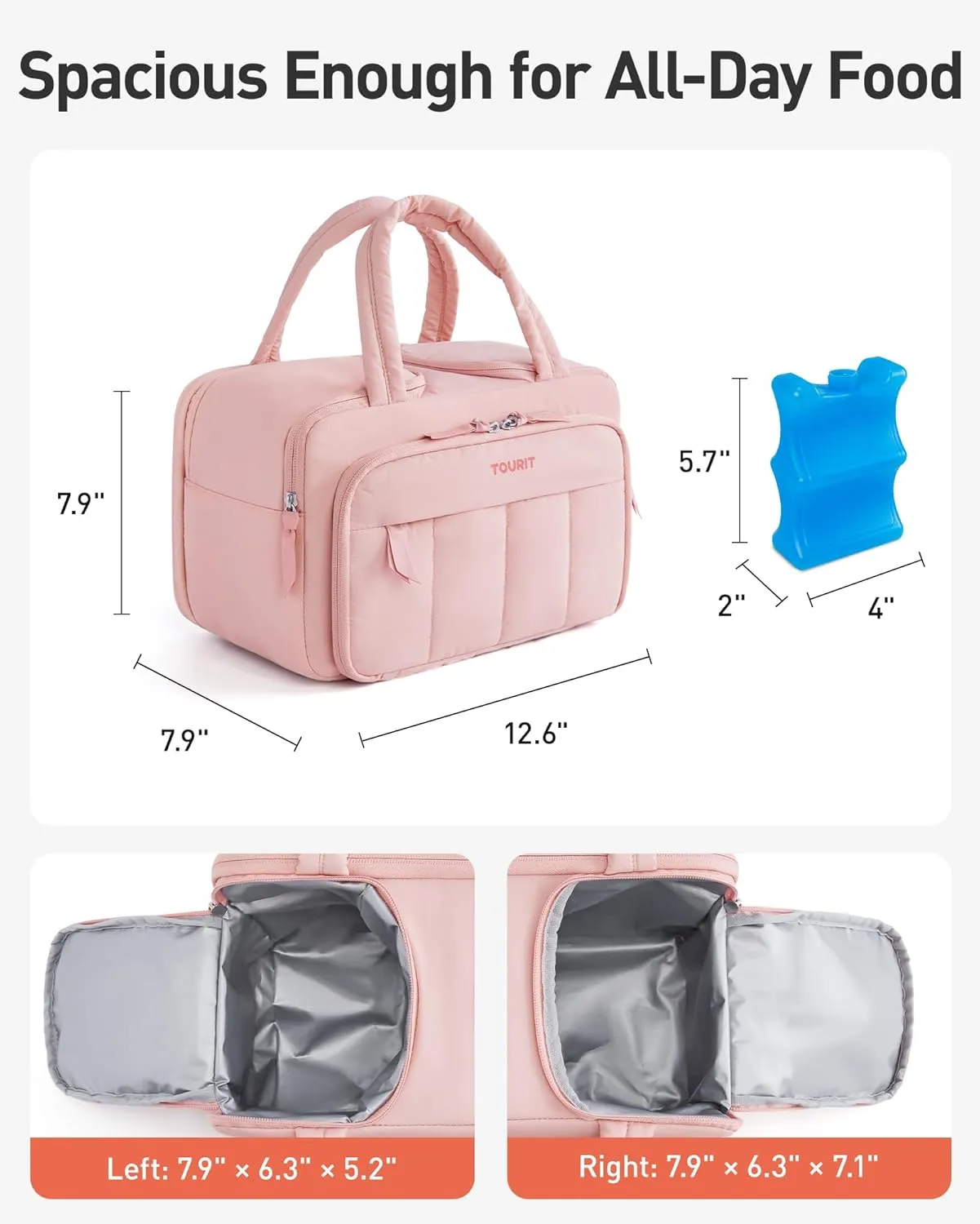 TOURIT Lunch Box for Women Double-Sided Compartment Large Lunch Bag Insulated Multi-Pockets Puffy Tote Bag with Ice Pack for Work, Office, Outdoors