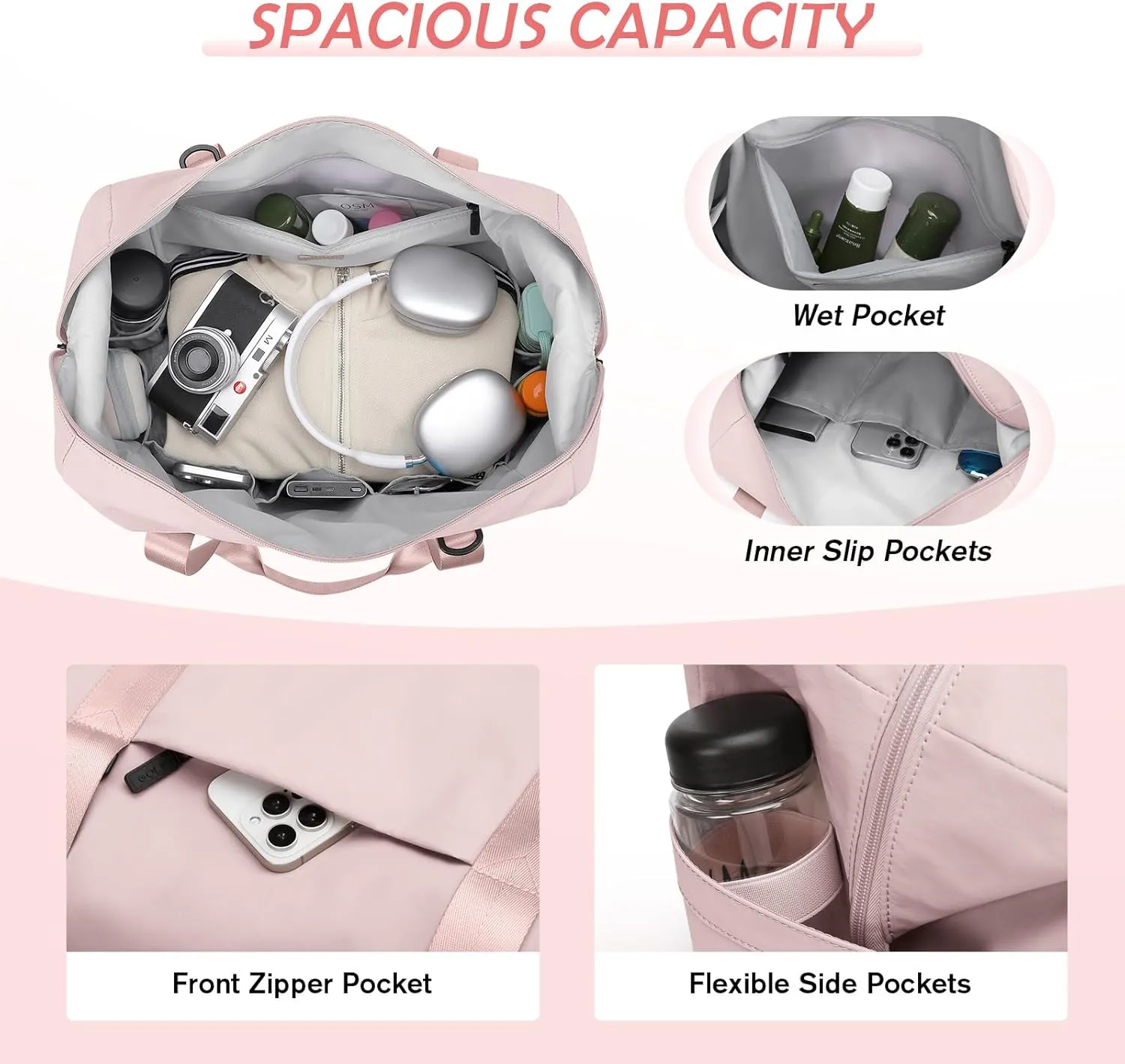 Travel Duffle Bag - Gym Bag for Women,Tote Bag Laptop Carry on Weekender Overnight Bag Organizer Duffel Bag for Travel,31L,Baby Pink