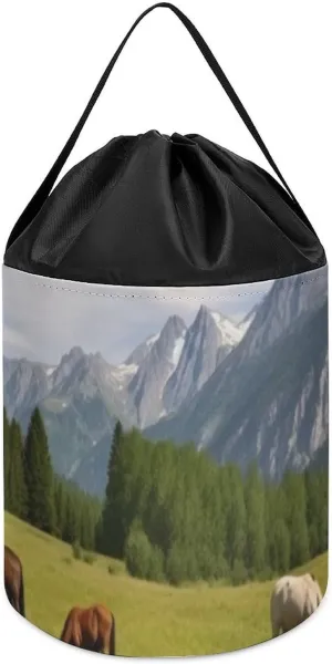 Trendy-floral-print Toy Storage Drawstring Tote Bags Mountain Pasture Grazing Horses Printed Large Toy Storage Bags Foldable Storage Bin