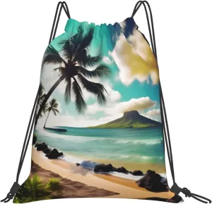 Tropical Beach Palms print Casual drawstring backpack, lightweight and portable, fit for daily, sports and travel