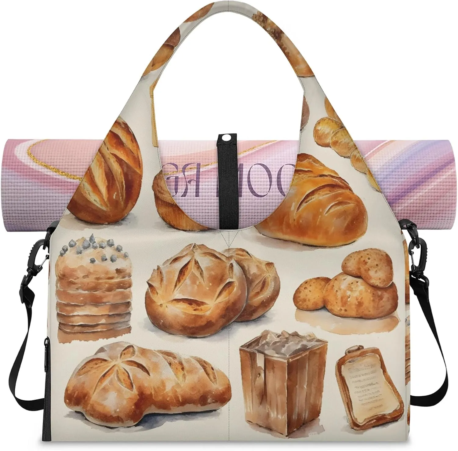 TropicalLife Breakfast Bread Funny Gym Bags for Women with Yoga Mat Holder, Yoga Tote Bag Travel Duffle Bag Workout Weekender Carry on Overnight Bags