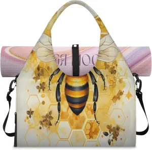 TropicalLife Cartoon Bee Bumblebee Gym Bags for Women with Yoga Mat Holder, Yoga Tote Bag Travel Duffle Bag Workout Weekender Carry on Overnight Bags