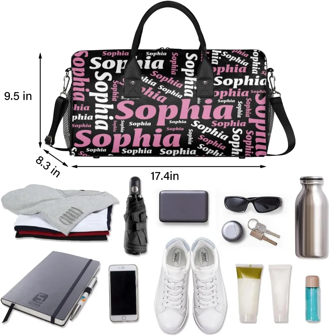 TropicalLife Personalized Duffel Bag Custom Name Sport Gym Bag Duffle Dance Bag Weekender Bags for Women Black Pinks White